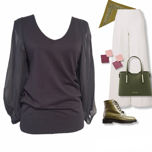 FCUK Silk Sleeve Knit Top in Deep Grey - Picture 16 of 16